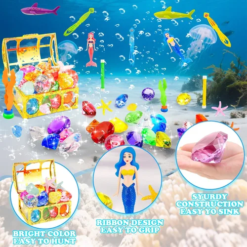 Miniatura 3 de Rileryan Juego de 36 juguetes de buceo en la piscina para niños, anillos de buceo y palos, juguetes de natación, tesoros piratas, gemas de cofre