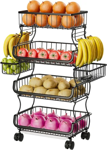 Simple Trending - Carrito rodante de 4 niveles apilable, canasta de frutas y verduras con ruedas y 2 canastas colgantes, soporte de alambre de metal