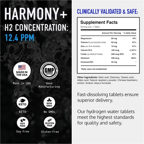 Miniatura 3 de DRINK HRW Harmony+ - Tabletas de agua de hidrógeno molecular, fórmula profesional de rejuvenecimiento completo H2 de 12.4 ppm + inmunoLP20