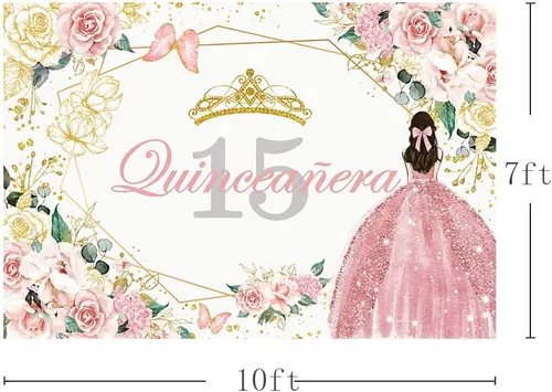 Miniatura 5 de Sendy SENDY - Telón de fondo de quinceañera para cumpleaños de 15 años de 10 x 7 pies para fiesta de Sweet Girl Mis Quince Anos, color rosa dorado