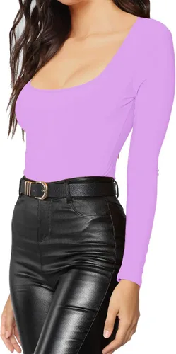 Miniatura 168 de MANGDIUP Body esencial para mujer, cuello redondo, manga larga, ajustado, elástico, de algodón y elastano
