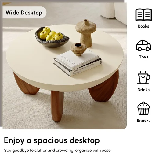 Miniatura 5 de homary - Mesa de café redonda de hormigón con patas premium de madera de nogal y fresno, mesa central de acabado de cemento moderno minimalista