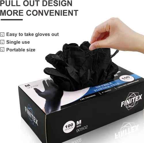 Miniatura 8 de FINITEX Guantes desechables de nitrilo negro para examen médico, 100/1000 unidades, 6.3 mil sin polvo, sin látex, guantes para alimentos Negro