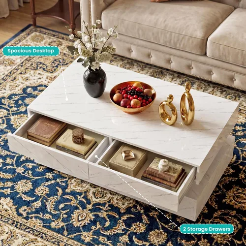 Miniatura 6 de Mesa de centro para sala de estar, mesa de centro moderna con 2 cajones de almacenamiento, mesa central de 2 niveles de madera con luces LED de 20