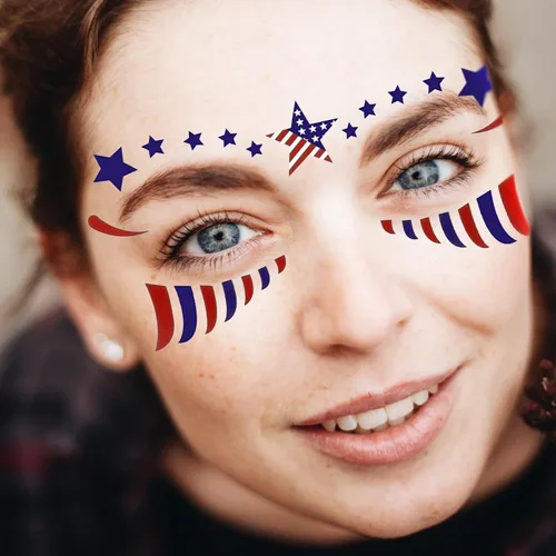 Miniatura 3 de HOWAF Calcomanías de tatuaje facial del 4 de julio, 10 calcomanías de maquillaje facial del Día de la Independencia de Estados Unidos, tatuajes