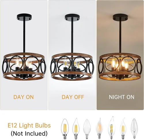 Miniatura 3 de Lámpara colgante de tambor de granja de 4 luces, 12.6 pulgadas, textura de madera natural, candelabros rústicos vintage, lámparas colgantes 12.6in-4