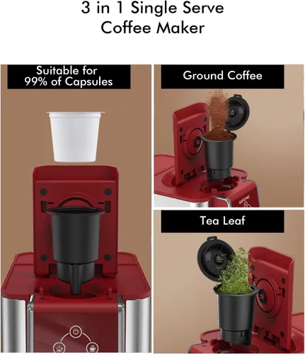 Miniatura 2 de Cafetera de una sola porción 3 en 1, preparación rápida para cápsulas de café, café molido y té suelto, tamaños de taza de 6 a 12 onzas, tanque