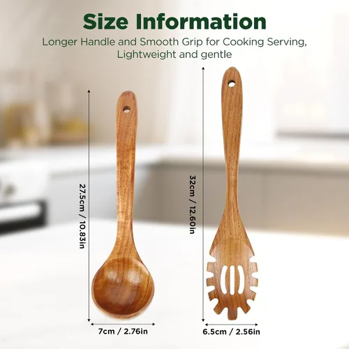 Miniatura 3 de Cucharas de madera para cocinar, juego de utensilios de cocina de madera de teca natural, cucharón grande para sopa y pasta ranurado tenedor colador