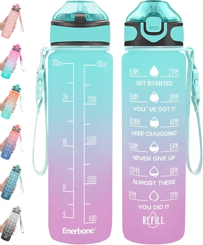 Enerbone Botella de agua potable de 32 oz con tiempos para beber y popote, motivacional con correa para llevar, a prueba de fugas, sin BPA ni
