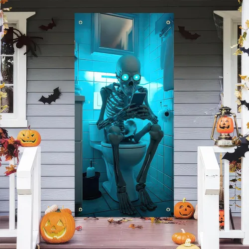 Miniatura 4 de BlissYard Cubierta de puerta de Halloween de 71 x 35 pulgadas, divertido esqueleto en la puerta del inodoro, decoración de ojos brillantes, escena