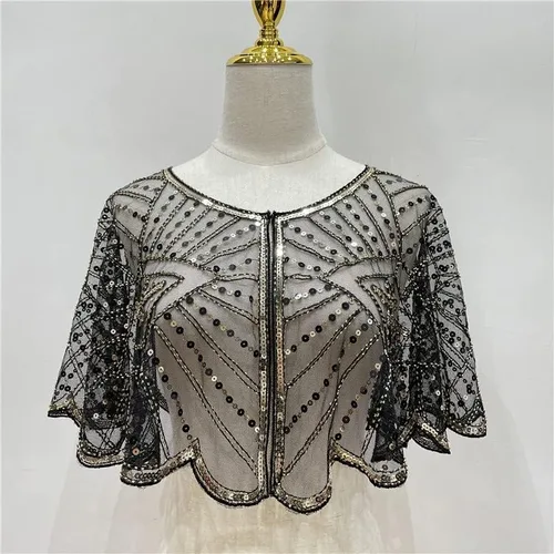 Miniatura 2 de Specell Chal de novia de los años 20, chal con cuentas de lentejuelas, chal y envolturas Bolero, cubierta para vestidos de noche, boda, fiesta, etc
