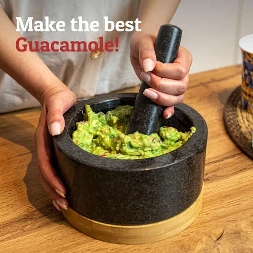 Miniatura 6 de PriorityChef - Juego de mortero y mortero resistente con base de bambú, molinillo de piedra de granito 100% natural, cuenco y triturador de Negro