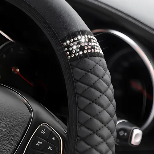 Miniatura 3 de Osilly Funda brillante para volante de automóvil, 15 pulgadas, con diamantes de imitación brillantes, piel suave, protector elástico, para mujeres