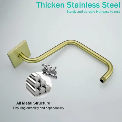 Miniatura 3 de 13 Inches Shower Arm with Flange,Brushed Gold S Shaped Gooseneck High Rise Shower Head Extension Arm,Standard 1/2" Connection,SE-91058-13BG-SQ