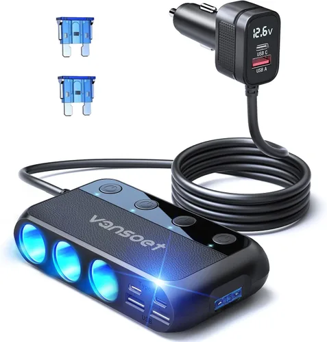 Divisor de encendedor de cigarrillos de 158 W, 9 en 1, encendedor de cigarrillos con 3 enchufes multipuerto dual PD30W y 3 USB-A QC3.0, adaptador de