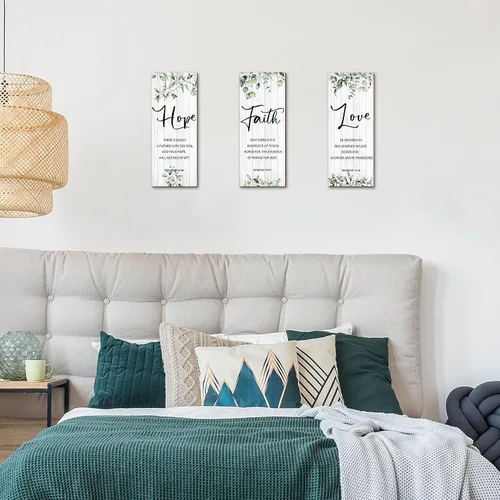 Miniatura 5 de 3 piezas de decoración de pared cristiana decoración de pared verde inspirador escritura escritura placa colgante rústico hojas signo cita