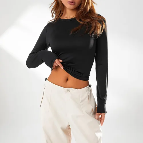 Miniatura 5 de Camiseta básica sexy para mujer, cuello redondo, manga larga, ajustada, color liso, ropa de calle