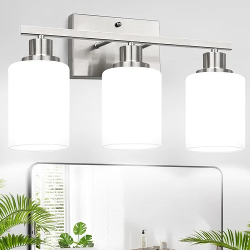 Miniatura 24 de MOKATNG Juego de 2 apliques de pared para baño, luces de tocador modernas negras con pantalla de vidrio blanco, lámpara de pared de baño