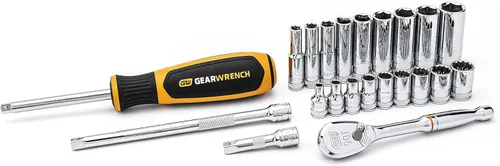GEARWRENCH Juego de herramientas mecánicas estándar y profundas, métricas de 22 piezas de 6 y 12 puntos, métrico - 80327