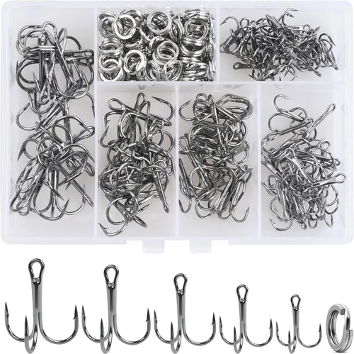 Miniatura 9 de Fishing Treble Hooks Kit, High Carbon Steel Treble Hook Strong Sharp Round Bend Fishing Hook Triple Fish Hook with Split Rings for Trout Hard Bait