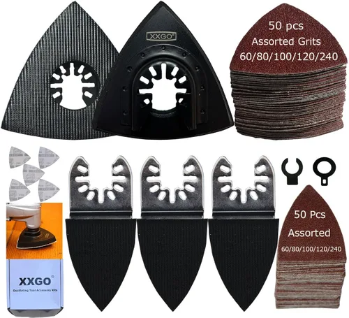 XXGO 105 piezas de almohadillas de lijado oscilantes multiherramienta, 2 almohadillas de lijado triangulares, 3 almohadillas de lijado de dedos, 100