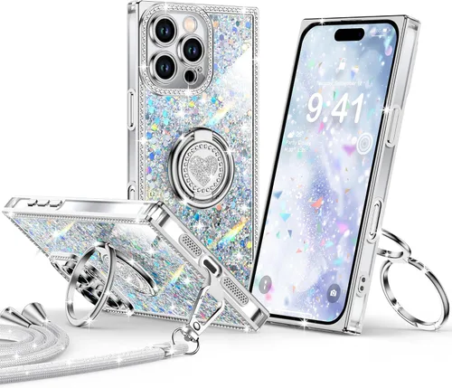 Miniatura 36 de XYZ Funda para iPhone 13, con purpurina brillante con soporte de corazón de 2 anillos y cordón, funda protectora a prueba de golpes con diamantes