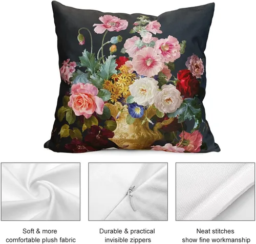 Miniatura 3 de Funda de cojín floral ligera de lujo, 18 x 18 pulgadas, pintura al óleo retro victoriana de doble cara, fondo negro, flor vibrante, funda de cojín