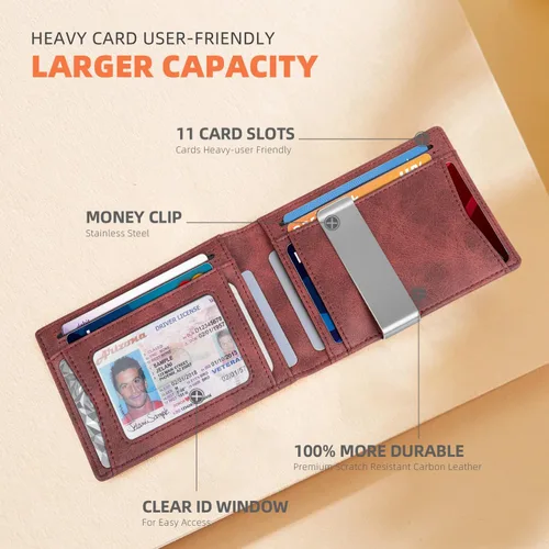 Miniatura 41 de RUNBOX - Carteras delgadas para hombre, cartera de piel con pinza para el dinero, cartera de bolsillo frontal con bloqueo RFID, tarjetero