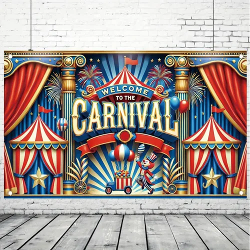 Miniatura 4 de Cartel con temática de carnaval de 71 x 43 pulgadas, tienda de campaña de circo, globos de payaso, decoración de fiesta para niños, feria