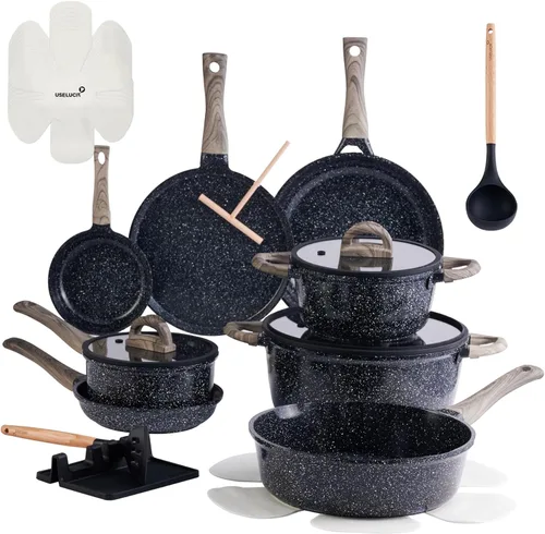 USELUCK Juego de ollas y sartenes antiadherentes, no tóxicos, 22 piezas de utensilios de cocina de cerámica, ollas y sartenes antiadherentes con
