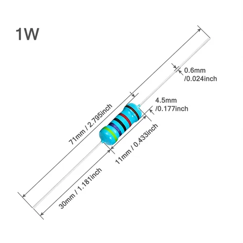 Miniatura 5 de Chanzon 50 piezas 1 W 10 Ω ohm Resistencia de película metálica fija de tolerancia 0.01 ±1% 10R MF Resistencias de agujero pasante con limitación