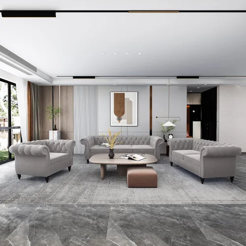 Miniatura 8 de QHITTY Sofá de Acento, Sofá Biplaza Chesterfield Moderno de Terciopelo, Sofá Tapizado con Respaldo Capitoné para Muebles de Sala de Estar (Gris)