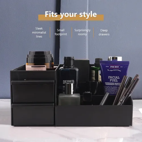 Miniatura 7 de Organizador de tocador negro con cajones – Caja grande de almacenamiento para hombres en encimera para colonia, cuidado de la piel, maquillaje
