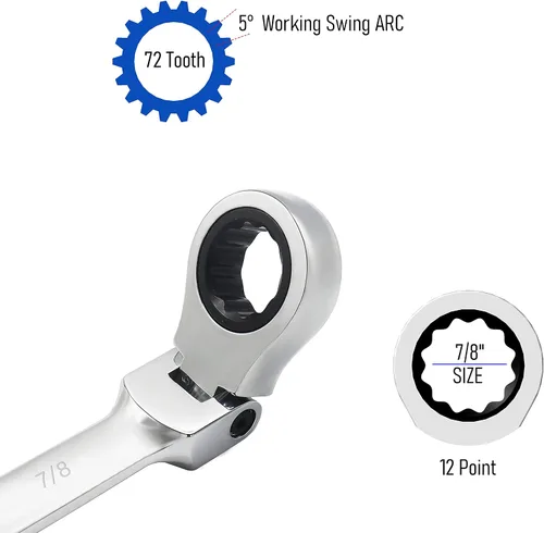 Miniatura 3 de Llave combinada de trinquete de cabeza flexible de 7/8 pulgadas SAE 72 dientes de 12 puntos de trinquete de caja de trinquete y herramientas