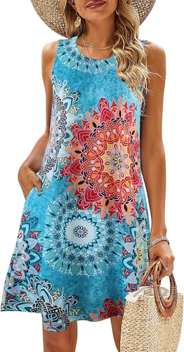 Miniatura 13 de SimpleFun - Vestidos de verano para mujer, camiseta floral, vestido de playa de estilo bohemio, informal, con bolsillos y sin mangas