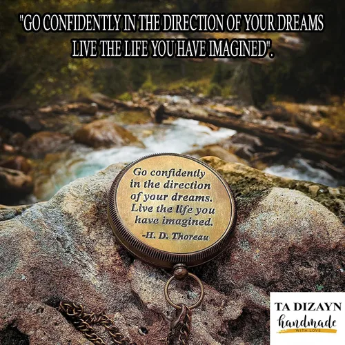 Miniatura 2 de Brújula de latón sólido Thoreau con cita "Go Confidently" grabada y caja de madera, brújula de campamento, regalo de bautizo y graduación, regalo