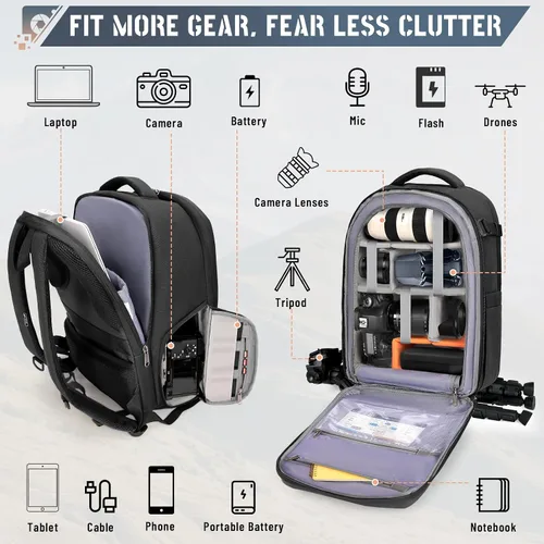 Miniatura 2 de RAINSMORE Mochila para cámara de carcasa dura para DSLR/SLR, bolsa impermeable para cámara con compartimento para laptop de 15.6 pulgadas, estuche