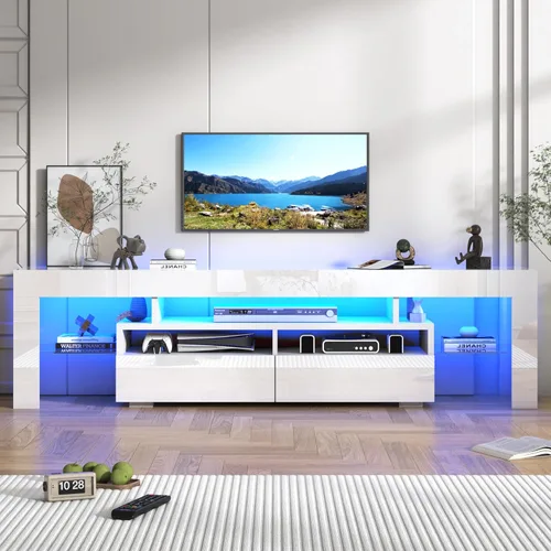 Miniatura 11 de Squireewo Soporte de TV con luces LED de 16 colores, consola multimedia con cajón y estante abierto de vidrio para TV de 60/65/70 pulgadas, centro