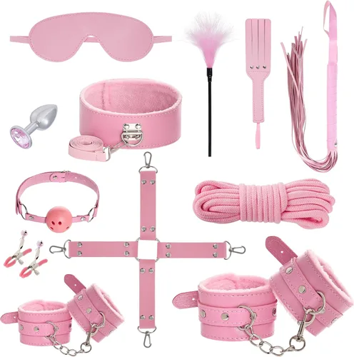 Miniatura 13 de Rbenxia 12 piezas de kits de restricciones BDSM Bondage para el sexo, esposas de fetiche, esposas de tobillo, collar, venda para los ojos, látigo