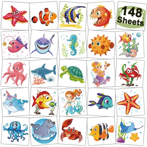 CHARLENT 148 tatuajes temporales de animales oceánicos para niños, tatuajes individuales de criaturas marinas para niños y niñas, regalos de fiesta