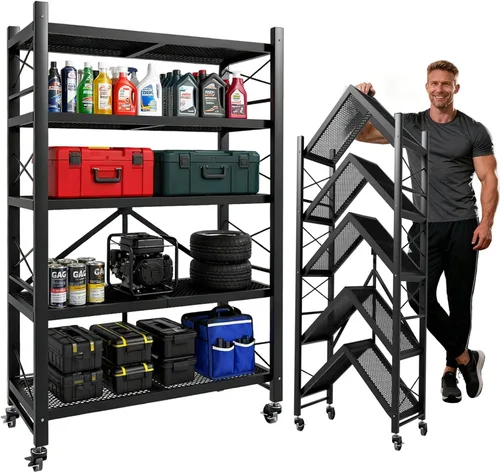 Miniatura 12 de Grezone Estantes plegables de 3 niveles de almacenamiento de metal resistente con ruedas – No se ensambla unidad de estantería plegable para cocina