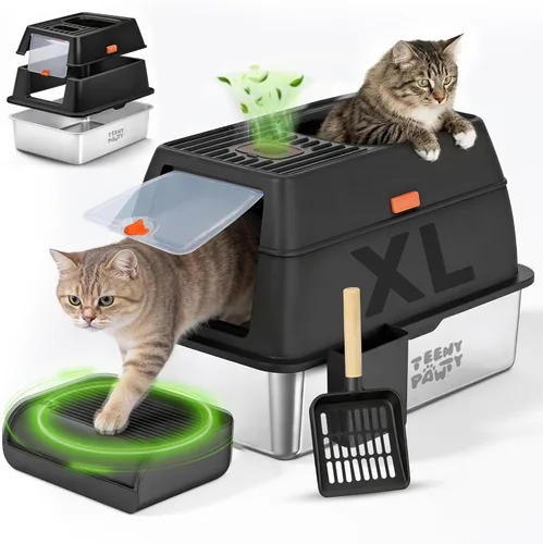 Caja de arena XL de acero inoxidable para gatos con recinto y recogedor de excrementos, caja de arena duradera de metal negro para gatos grandes,