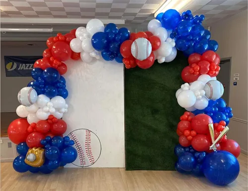 Miniatura 5 de Kit de guirnalda de arco de globos de béisbol, kit de guirnalda de arco de globos rojos, blancos y azules para fiestas deportivas, cumpleaños