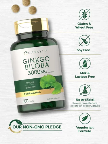 Miniatura 5 de Carlyle Ginkgo Biloba 3000mg 400 tabletas Suplemento herbario sin OMG, sin gluten
