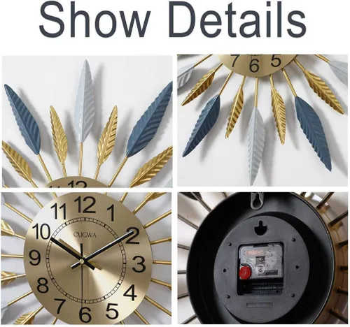 Miniatura 3 de Clock Wall Clock Large Wall Clock,Retro Feather Geometric Design,Mute Golden Clock,Modern Polychromatic Vintage Metal Wall Clock Kitchen,Blue