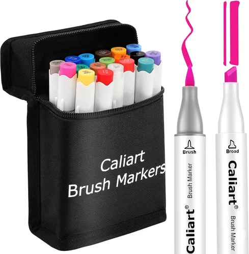 Caliart Marcadores de pincel y cincel, marcadores de alcohol de 18 colores para libros de colorear para adultos, juego de bolígrafos artísticos de