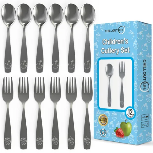 CHILLOUT LIFE Juego de cubiertos para niños de acero inoxidable 12 piezas - Cubiertos seguros para niños y niños pequeños - Juego de utensilios para