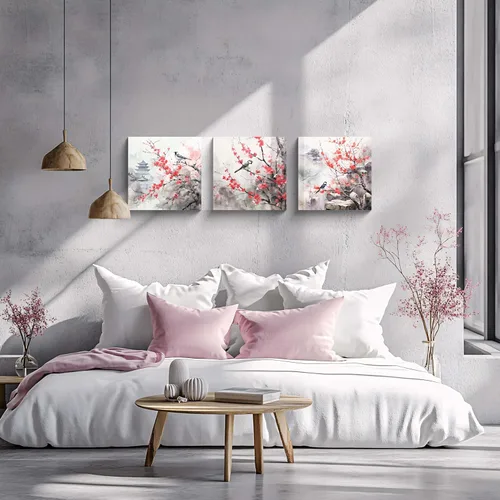 Miniatura 3 de Arte de Pared de Acuarela de Estilo Asiático Tradicional Chino Pájaro en Rama de Flor de Cerezo Roja Decoración Paisaje Floral Oriental Pintura
