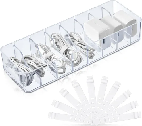 Tatuo 1 Pieza Organizador de Cables con 10 Amarres de Alambre, Caja de Almacenamiento de Cables de Plástico Caja para Cargador Organizador de
