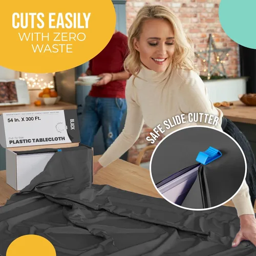 Miniatura 5 de Party Solids Rollo de Mantel de Mesa de Plástico Negro de 54 Pulgadas X 300 Pies en una Caja de Corte a Medida con Conveniente Cortador Deslizante.